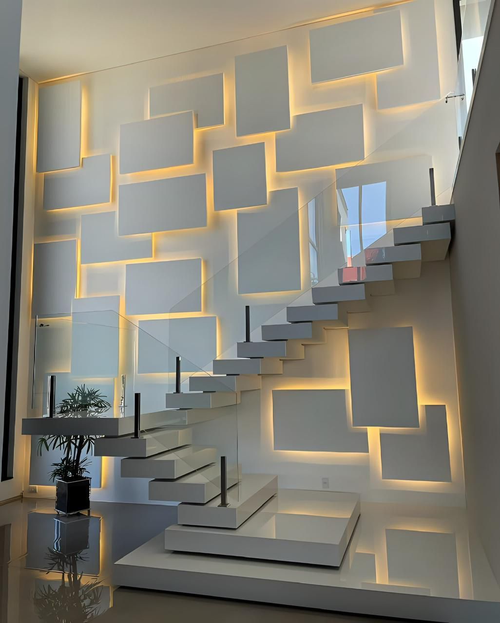 Parede 3D iluminada com sanca de LED em escada — Bella Arte Curitiba